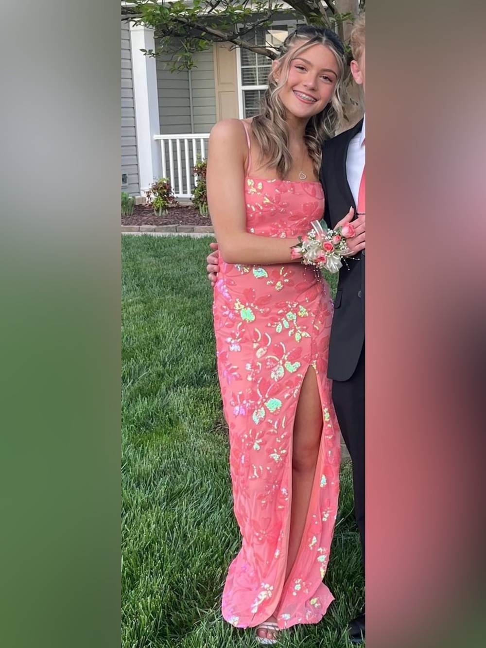 Honey and Rosie Coral Pink Sequin Floral Slit Prom Dress
